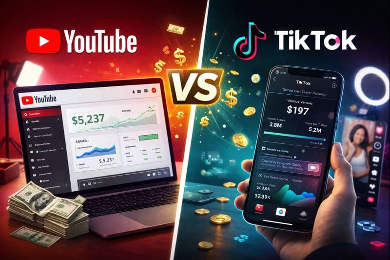 Split-screen comparison showing YouTube and TikTok platforms with monetization dashboards, revenue charts, and creator earnings data for 2026