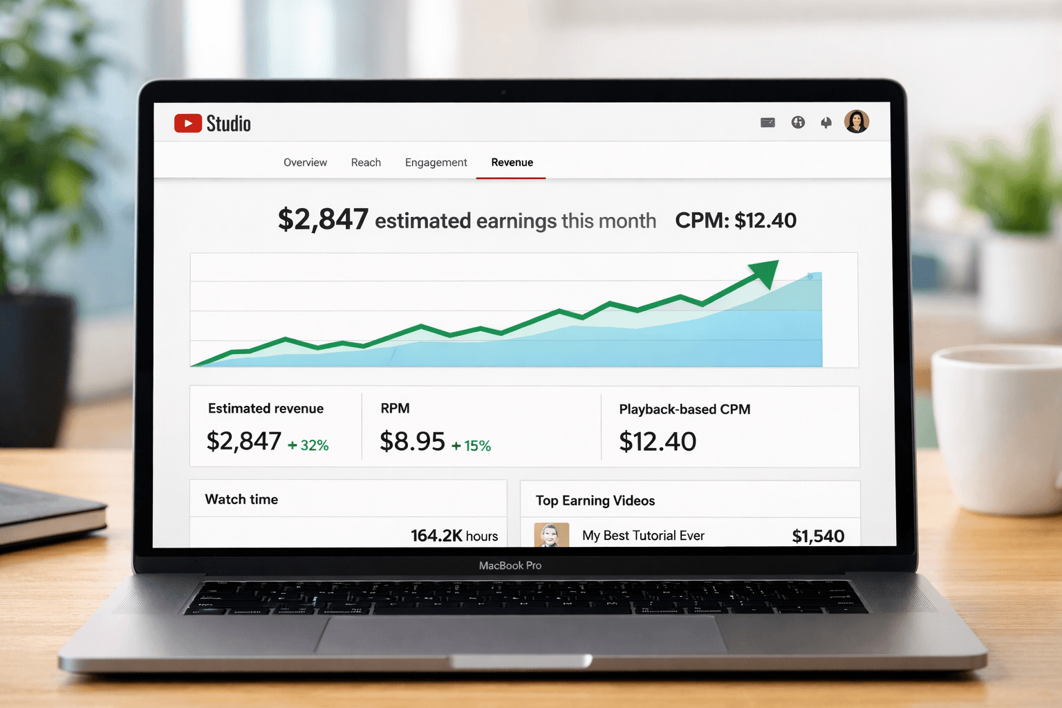 YouTube Studio monetization dashboard showing revenue analytics