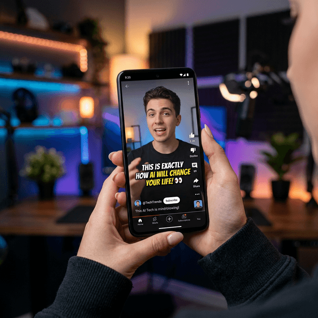 A close-up of a modern smartphone showing vertical video with highly stylized, auto-generated captions overlaid, highlighting CapCut's interface in a creative studio setting