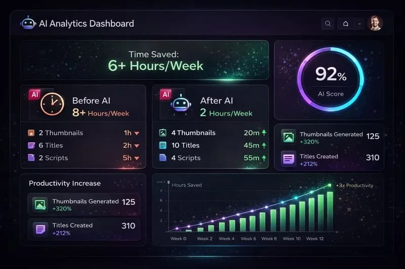 Creator reviewing a competitor research dashboard with channel growth charts, upload cadence logs, and video packaging patterns on screen