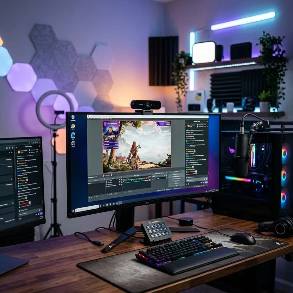 A high-quality, realistic photo of a professional YouTube streaming setup featuring a high-end 4K webcam mounted on top of a computer monitor in a modern studio.