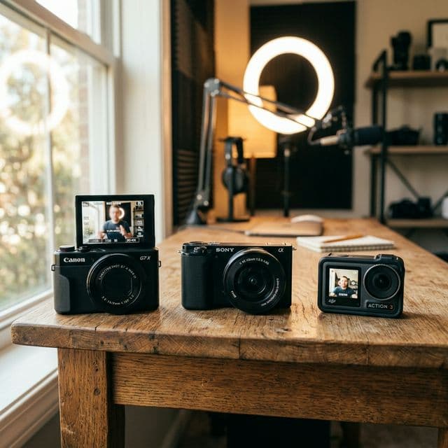 A close-up comparison of three budget YouTube cameras under $500 on a wooden desk with daylight streaming in — showing flip screens, compact form factors, and modern lens options