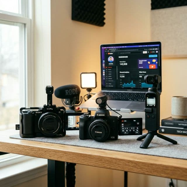 A collection of the best budget YouTube cameras under $500 — Sony ZV-E10, Canon M50 Mark II, and DJI Osmo Pocket 3 — displayed on a studio desk with a blurred YouTube dashboard in the background