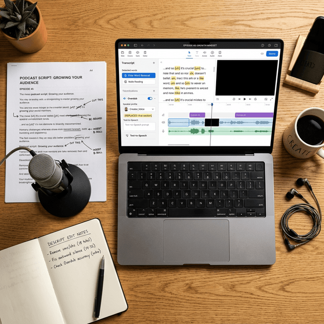 A creator's desk with a laptop showing Descript's AI Overdub and filler word removal interface, surrounded by a USB microphone, printed script pages, and editing notes