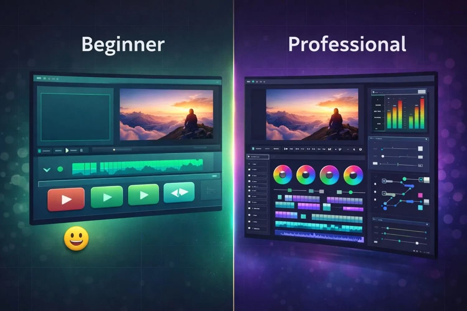 Split screen showing a YouTube video timeline being edited in professional software alongside a comparison of editing options for creators