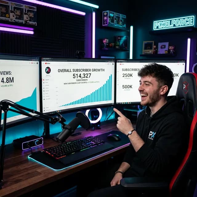 Gaming YouTuber at RGB setup pointing at subscriber growth charts on monitors showing 500K subscribers