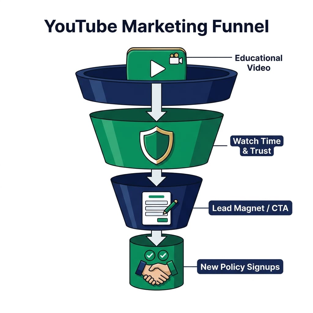 A visual diagram showing the insurance YouTube marketing funnel — from educational video at the top, through watch time and trust in the middle, to lead capture and policy signups at the bottom — with navy blue and emerald green design elements