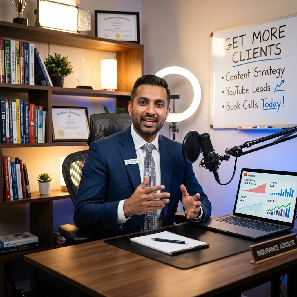 A professional insurance agent recording a YouTube video in a modern studio setup with a ring light, microphone, laptop showing rising subscriber analytics, and a whiteboard with 'Get More Clients' written on it.