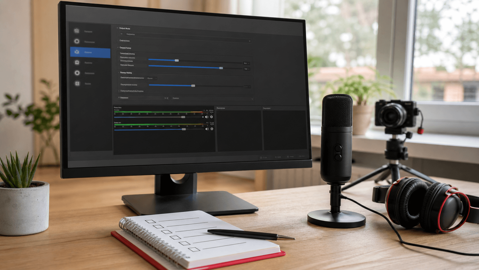 Realistic creator desk showing an OBS-style settings screen, microphone, headphones, camera, and checklist for YouTube recording setup