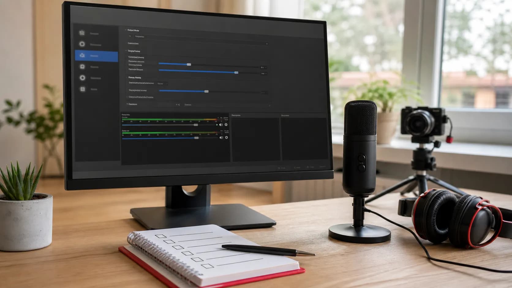 Realistic creator desk showing an OBS-style settings screen, microphone, headphones, camera, and checklist for YouTube recording setup