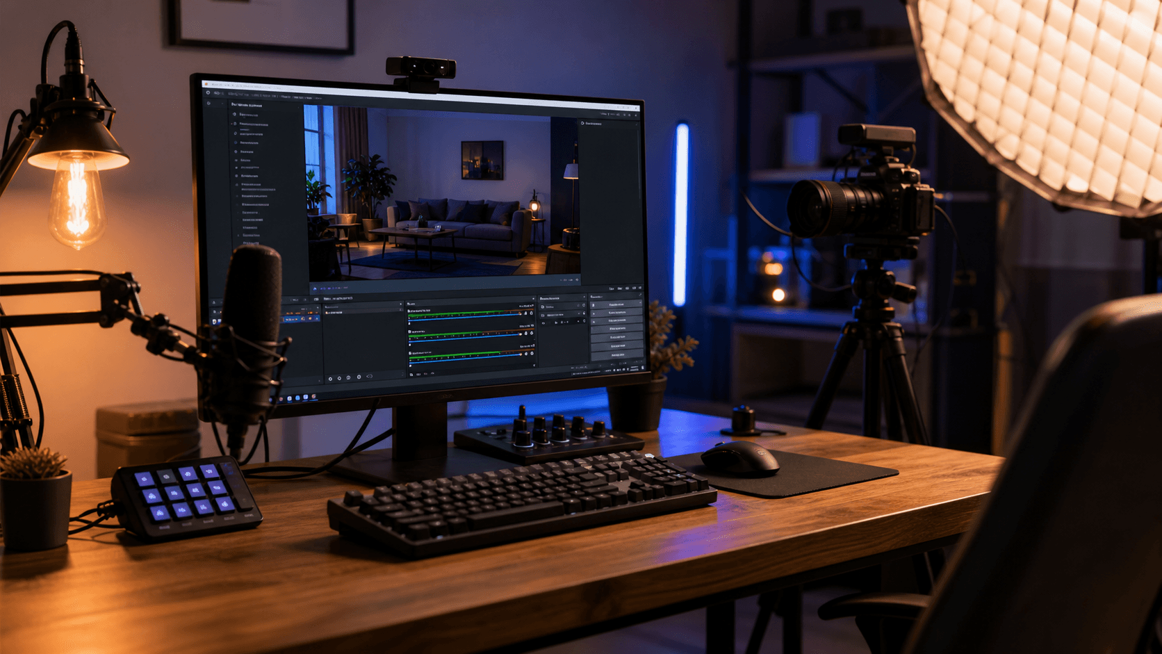 Realistic YouTube creator studio desk with OBS-style recording software on a monitor, camera, microphone, stream deck, and soft studio lighting for an OBS Studio YouTube setup.