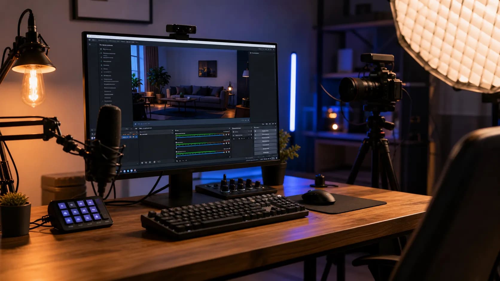 Realistic YouTube creator studio desk with OBS-style recording software on a monitor, camera, microphone, stream deck, and soft studio lighting for an OBS Studio YouTube setup.