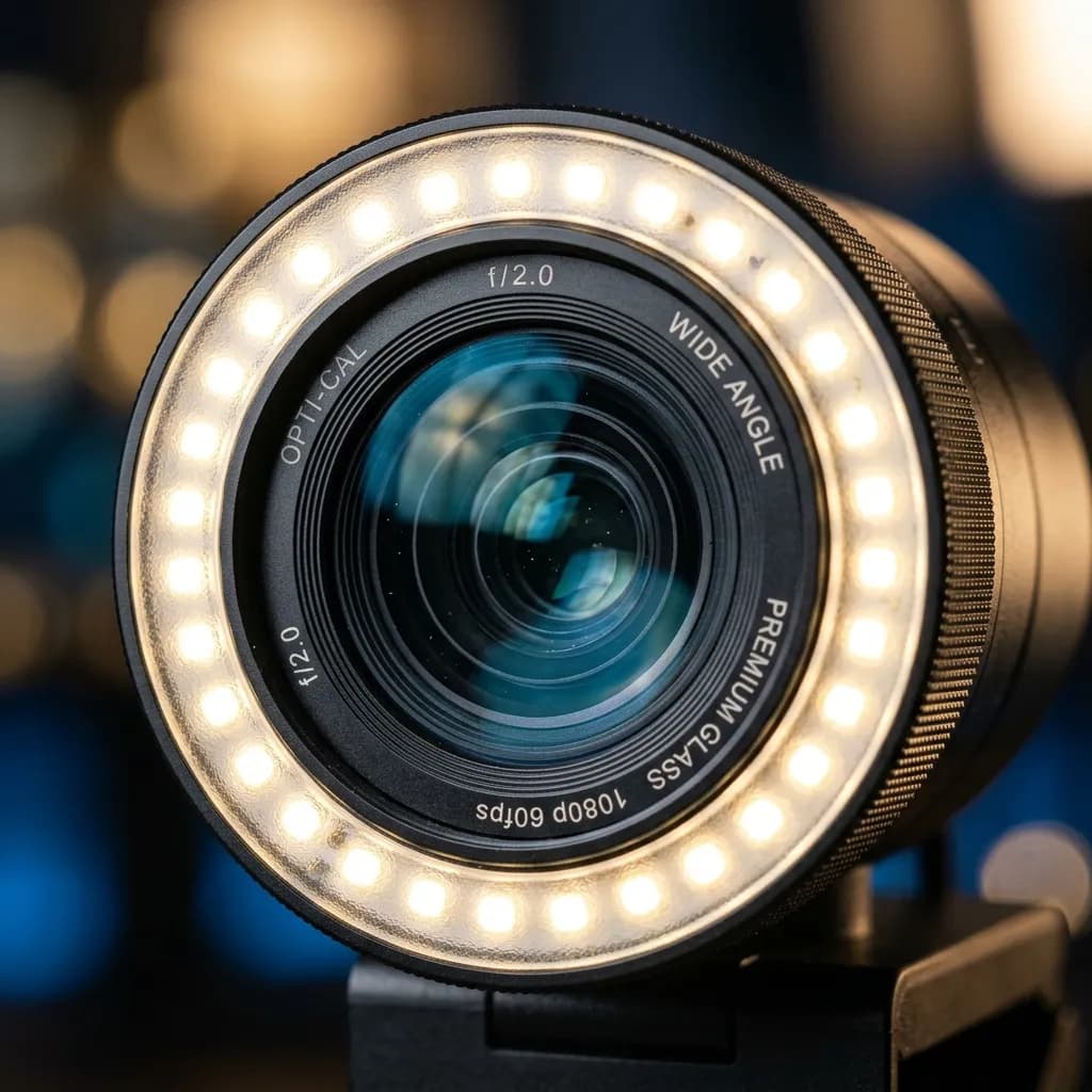 A striking macro close-up of a premium webcam lens with a built-in LED ring light reflecting soft studio lights