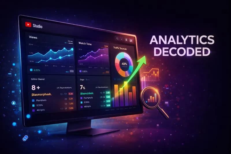 YouTube Analytics dashboard visualization showing key metrics like watch time, CTR, and audience demographics with modern dark mode design