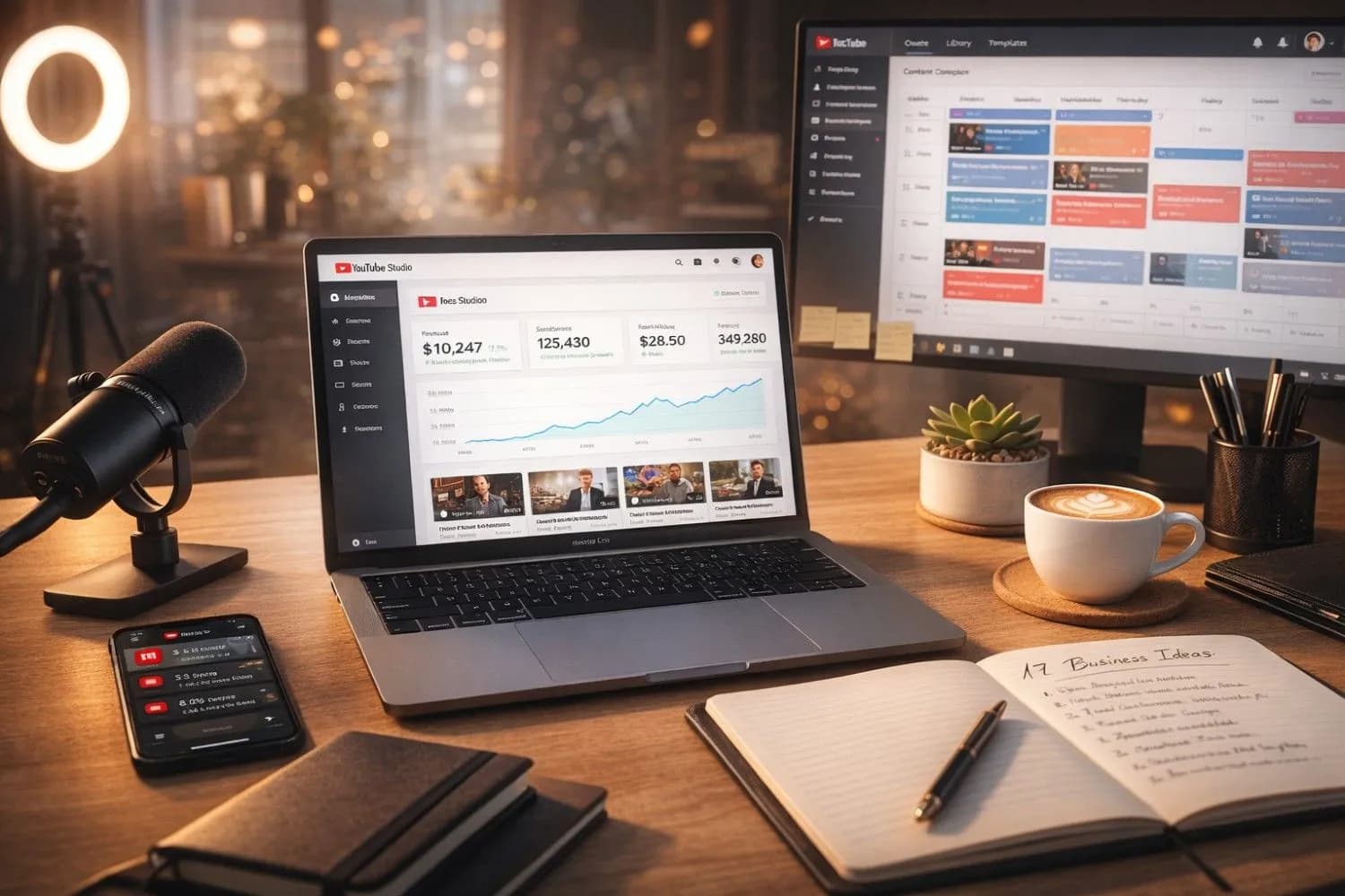 Modern entrepreneur workspace showing YouTube business dashboard with revenue analytics, multiple channel thumbnails, and growth metrics for 2026