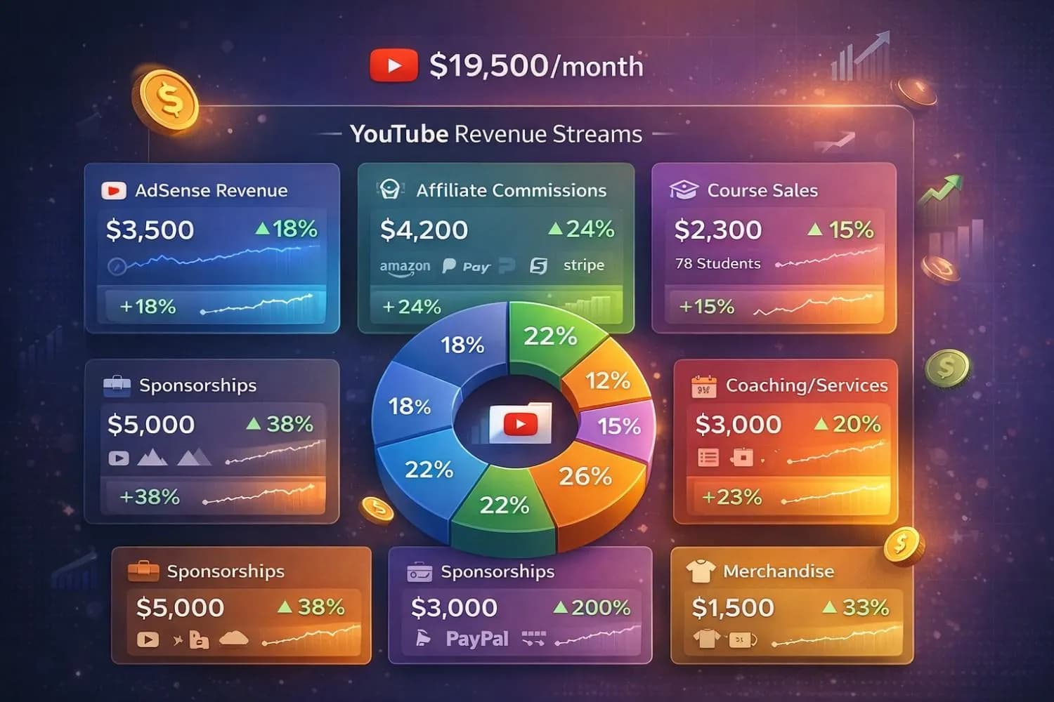 Professional YouTube business setup showing multiple revenue streams dashboard with analytics and growth projections