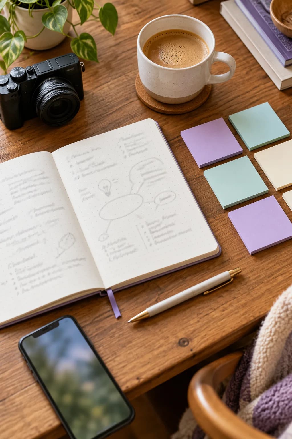 Portrait overhead photo of a creator's channel naming brainstorm with notebook, blank idea cards, camera, and coffee