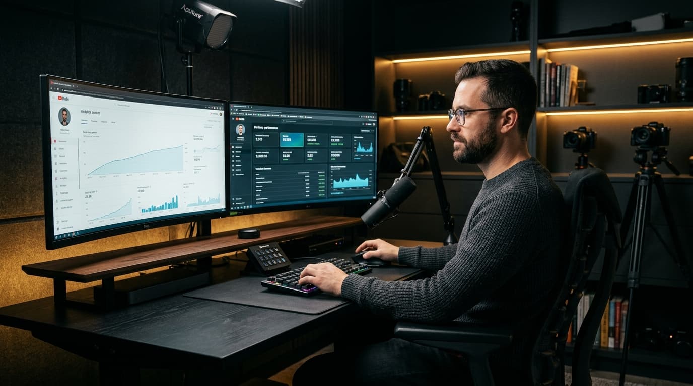 Professional YouTube creator at a dual-monitor desk reviewing channel valuation analytics, revenue growth charts, and an M&A deal summary dashboard