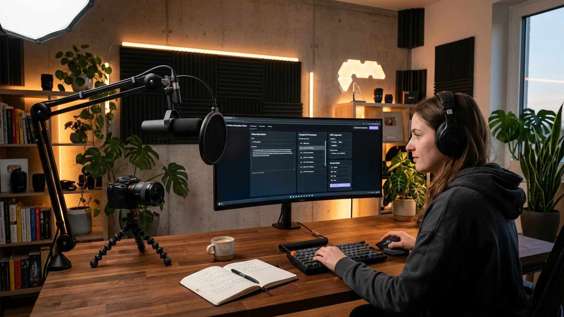 Modern YouTube creator studio setup with an AI video description generator workspace displayed on an ultrawide monitor with microphone, camera, and content checklist