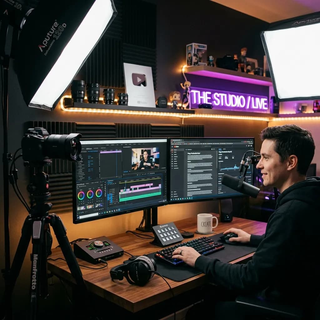 A sleek, modern YouTube studio setup featuring a mirrorless camera on a tripod, a professional condenser microphone on a boom arm, softbox lighting, and comfortable desk design with warm accent lights.