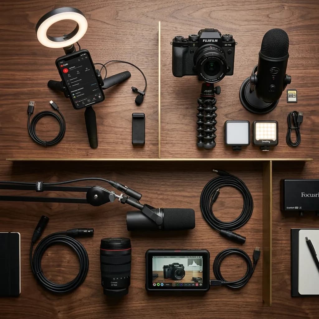 Top-down view comparing three tiers of YouTube creator equipment: Beginner, Intermediate, and Pro setups organized neatly on a dark wooden table