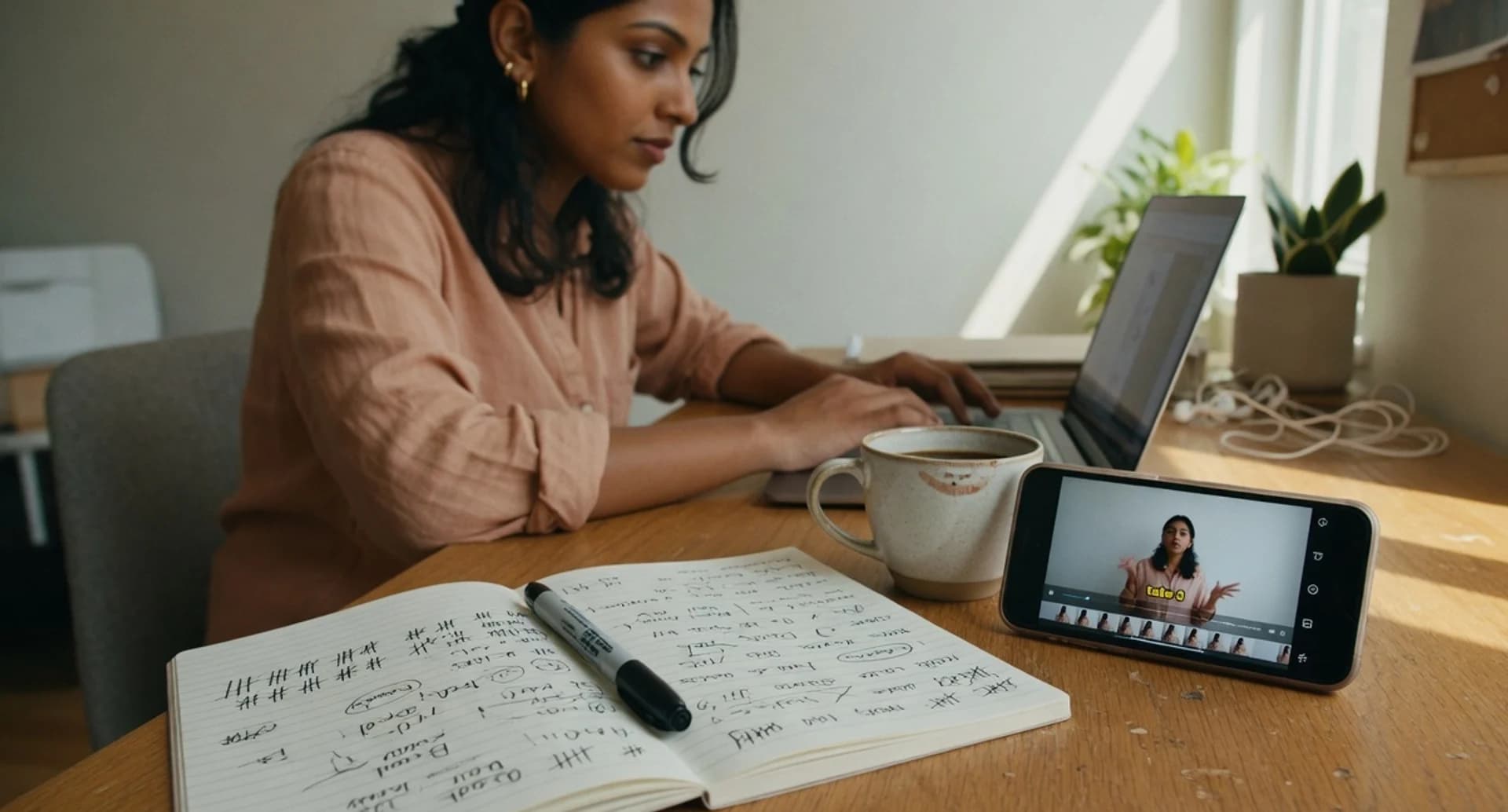 Creator at a sunlit desk writing hashtag notes in a notebook while reviewing a video draft on a phone and laptop