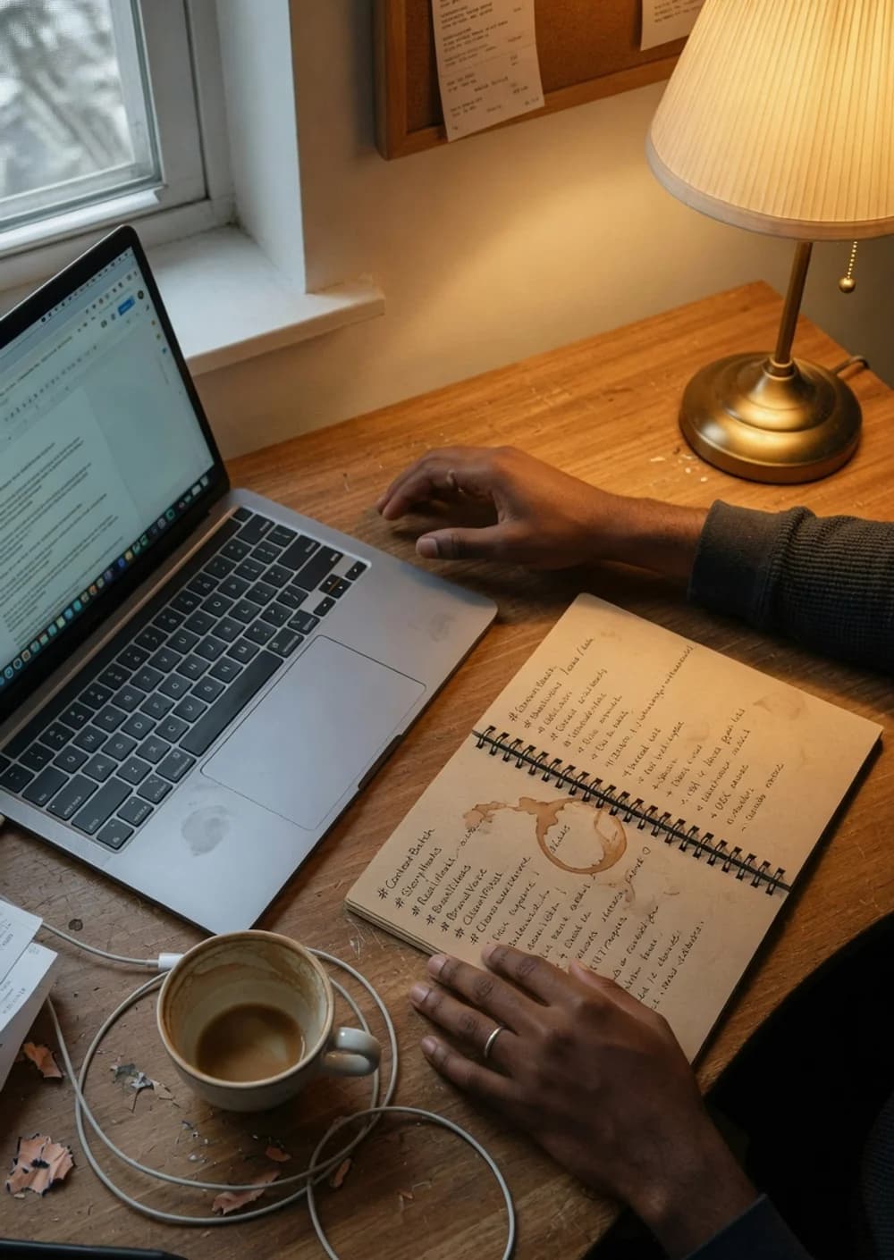 Creator notebook with handwritten hashtag lists beside a laptop and coffee on a wooden desk