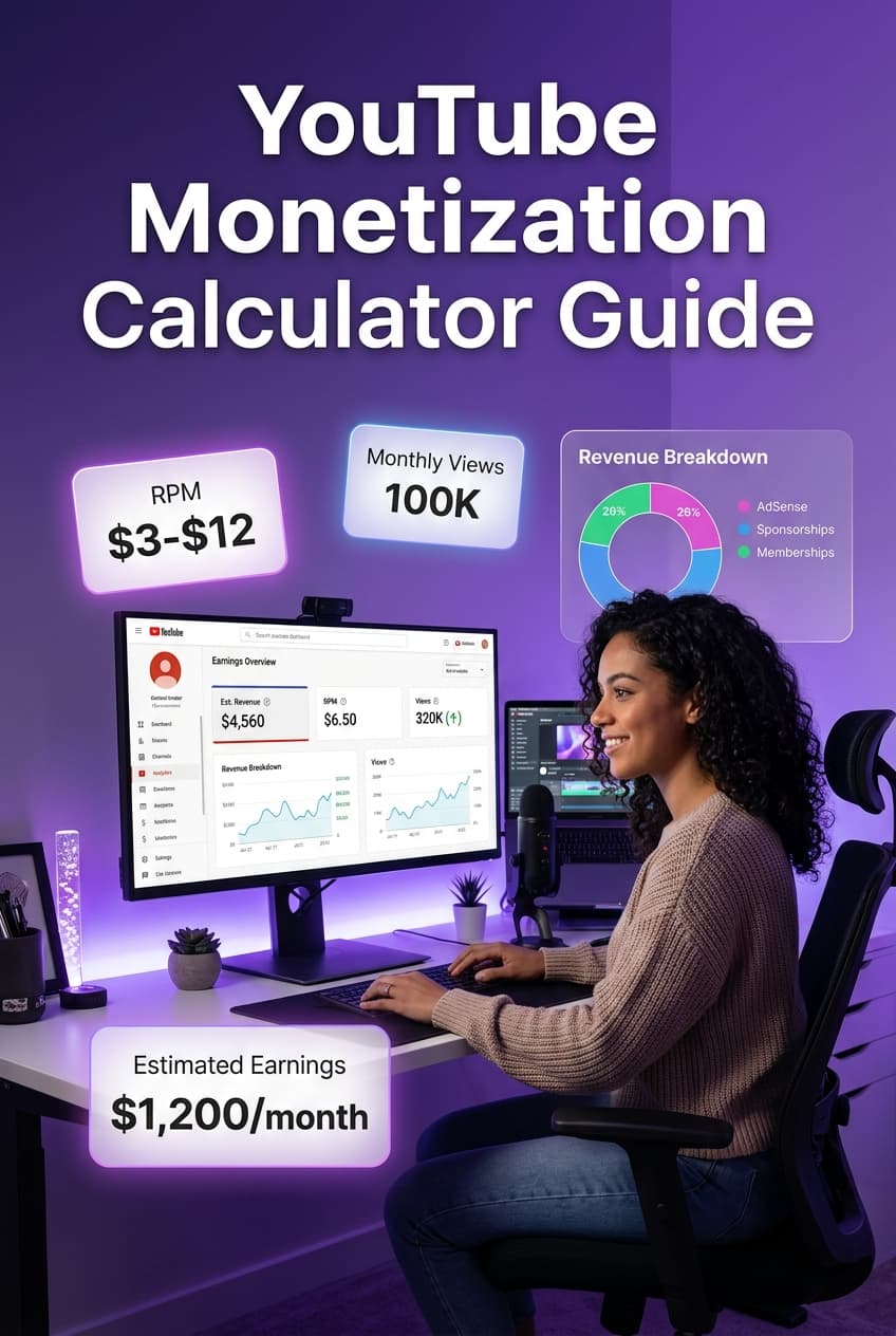 A content creator reviewing YouTube earnings projections on dual monitors with RPM charts and a YouTube monetization calculator interface