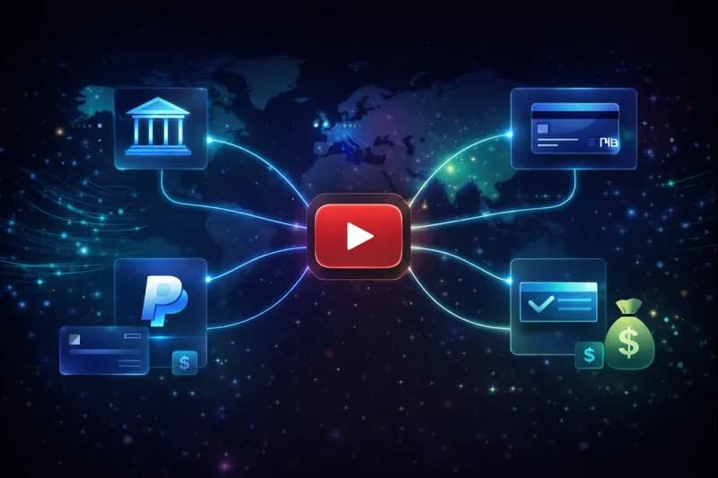 YouTube payment methods infographic showing wire transfer, bank deposit, and other options