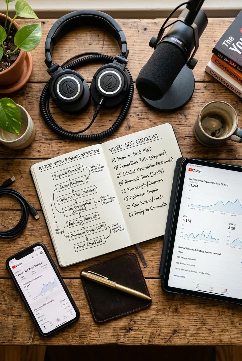 Vertical flat lay of YouTube SEO video ranking workflow and pre-upload checklist in a notebook on a wooden desk with studio headphones and analytics