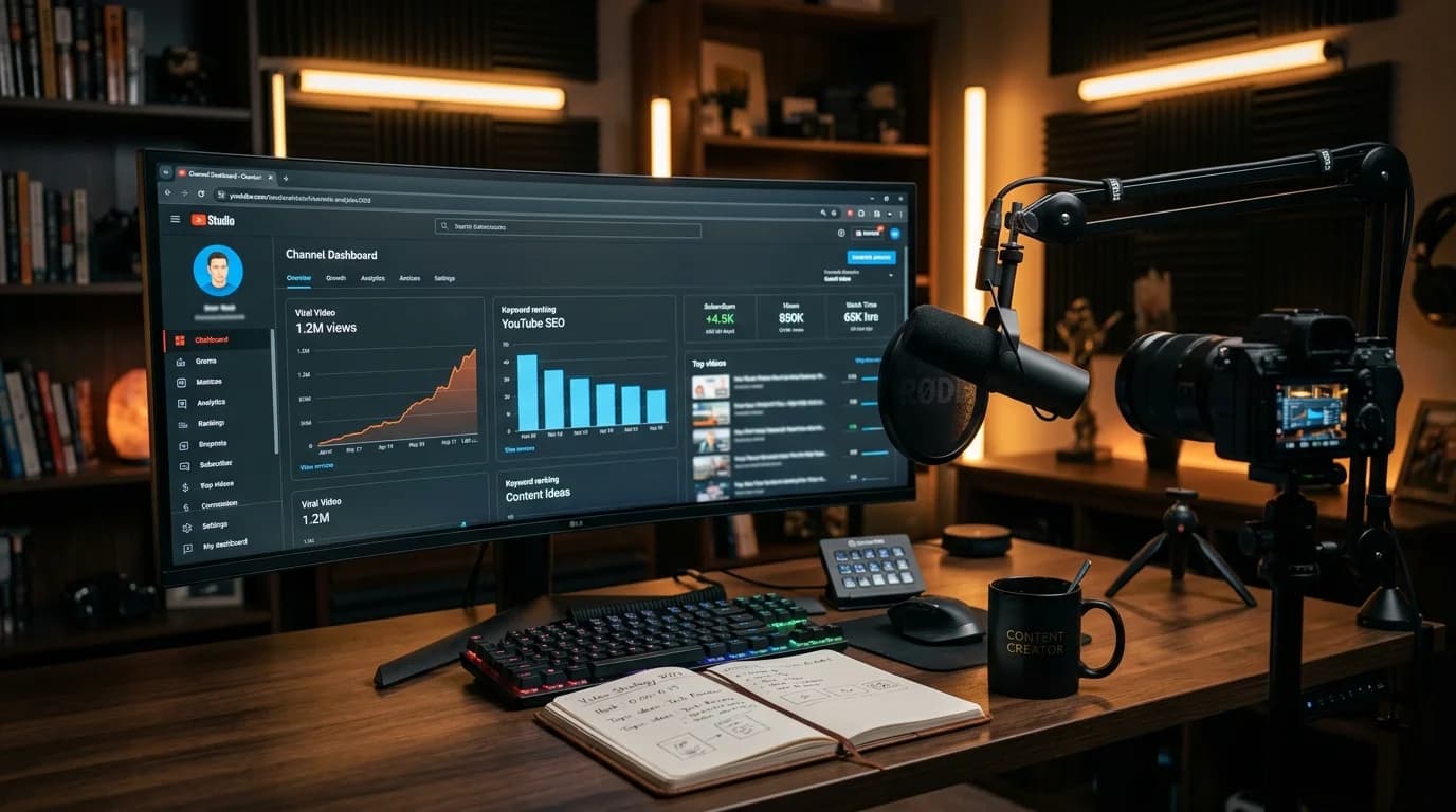 Professional YouTube creator studio with YouTube SEO performance analytics dashboard on a wide monitor, podcast microphone, camera, and strategy notes