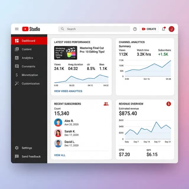 YouTube Studio dashboard sections guide showing navigation sidebar, analytics panels, content tab and monetization overview