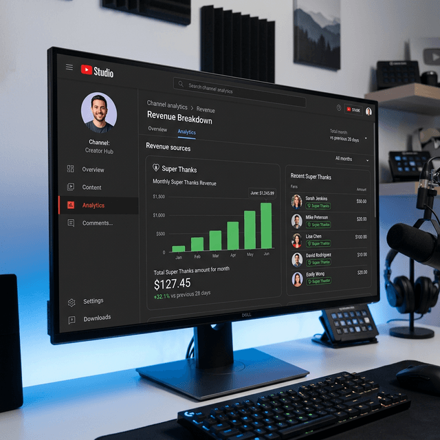 YouTube Studio analytics dashboard showing Super Thanks earnings breakdown with revenue charts for a monetized creator channel