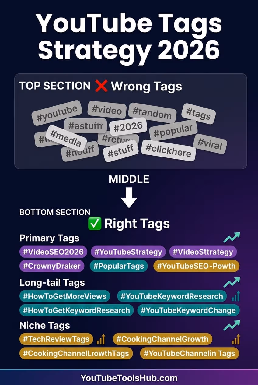 YouTube tag strategy comparison showing wrong vs right tagging approaches with color-coded keyword categories