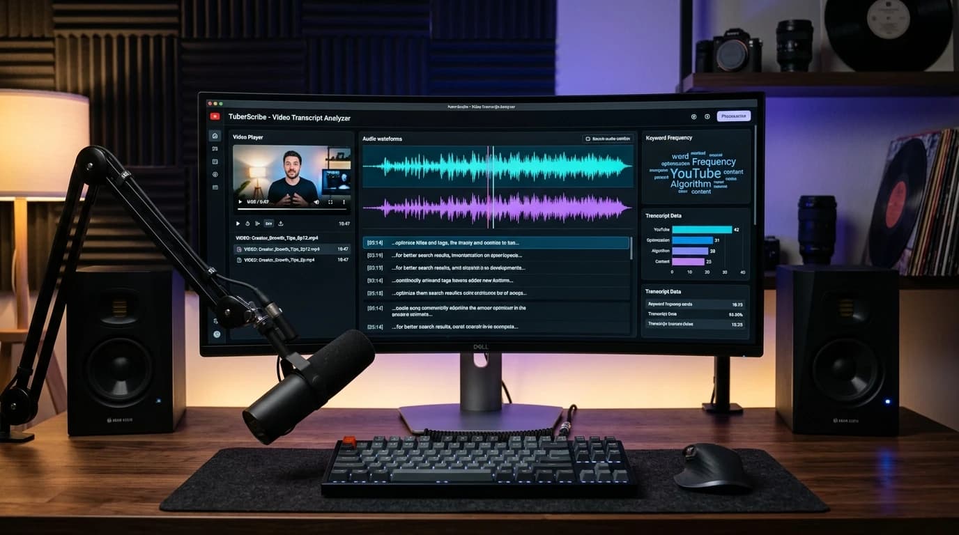 YouTube transcript downloader and NLP keyword extractor dashboard with audio waveforms, synchronized subtitles, and keyword metrics on a widescreen display