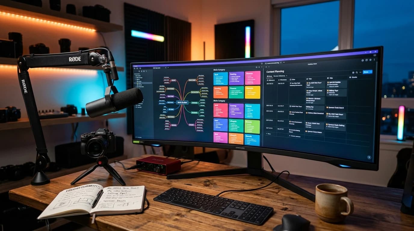 Modern YouTube creator studio workstation with multi-monitor video idea mindmaps, studio microphone, camera, and content planning notebook