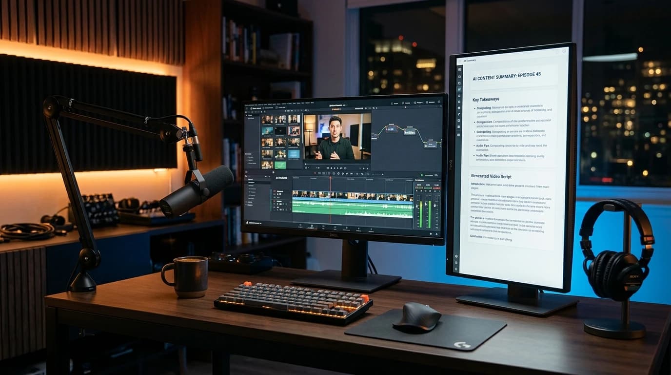 Content creator at a dual-monitor workstation analyzing an AI video summary generator dashboard with key takeaways and video notes